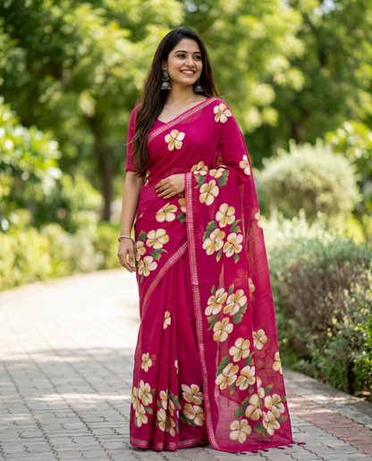 Women's Floral Hand Printed Dull Moss Saree with Unstitched Blouse Piece.