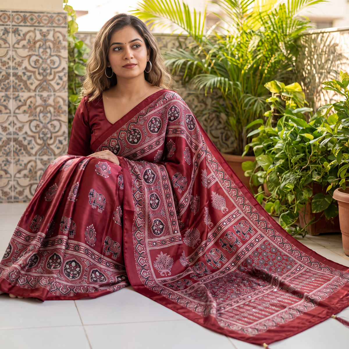 Shri Hari Sarees Women's Ethnic Ajrakh Mirror Printed Art Silk Saree with Unstitched Blouse Piece.