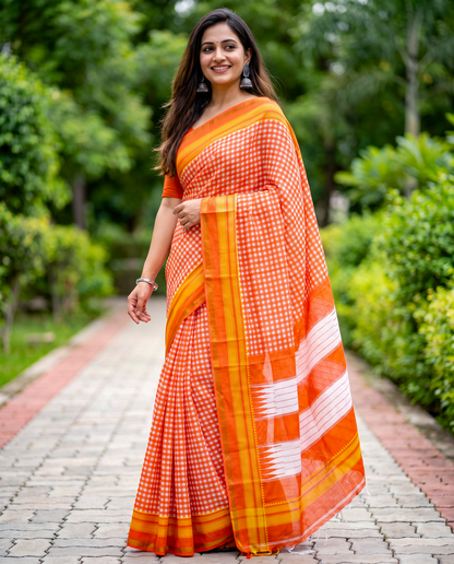 Women's Synthetic Silk Blend Checked Saree with Contrast Border & Unstitched Blouse Piece.