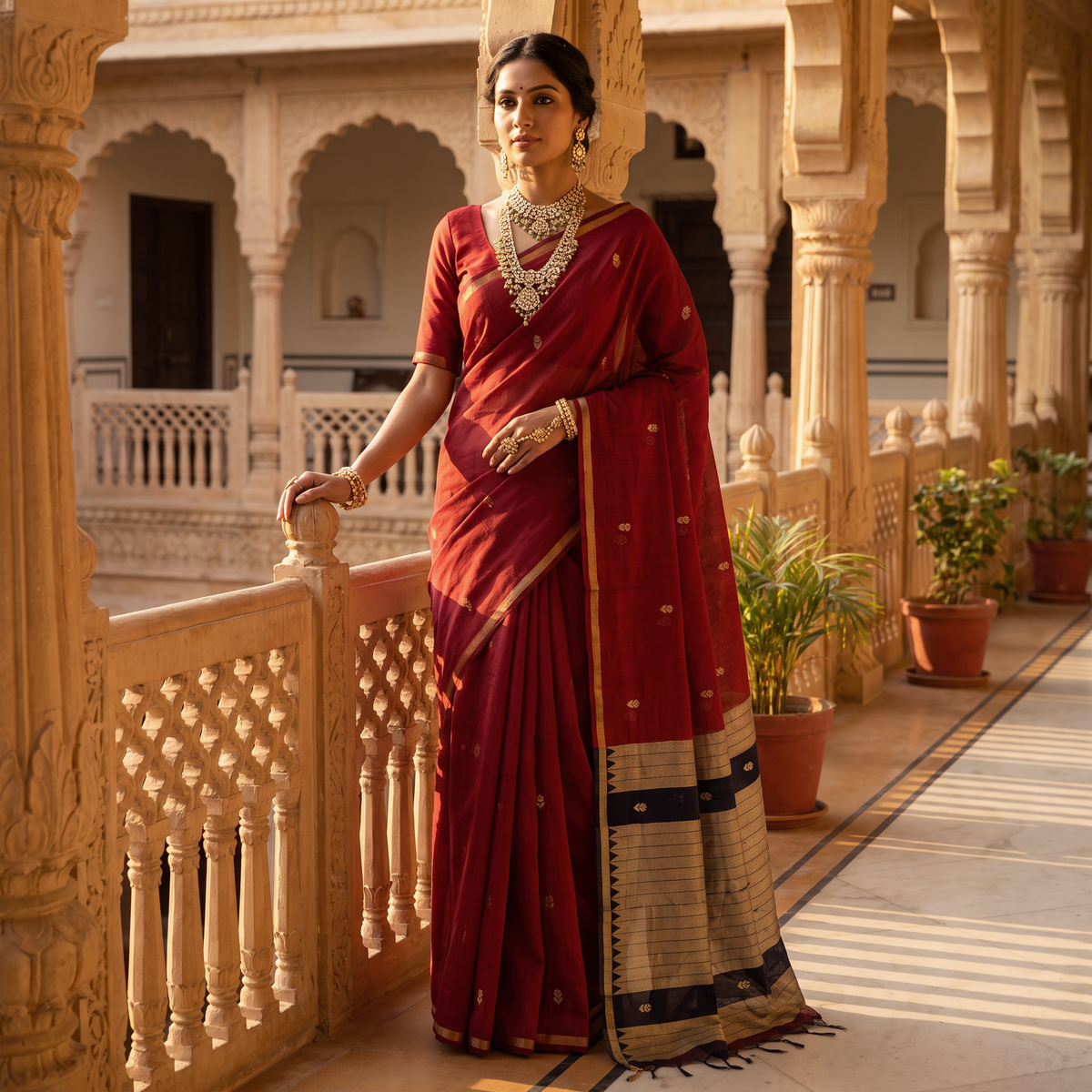 Women's Traditional Chanderi Cotton Linen Blend Saree with Zari Woven Border & Unstitched Blouse Piece.