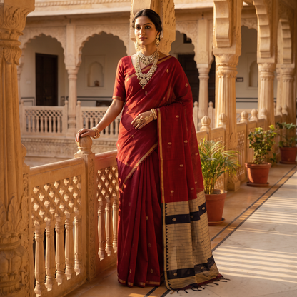 Women's Traditional Chanderi Cotton Linen Blend Saree with Zari Woven Border & Unstitched Blouse Piece.