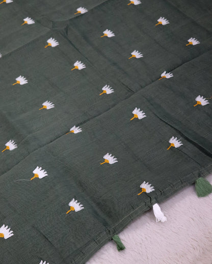 Women's Pure Linen Cotton Floral Embroidered Saree with Unstitched Blouse Piece.