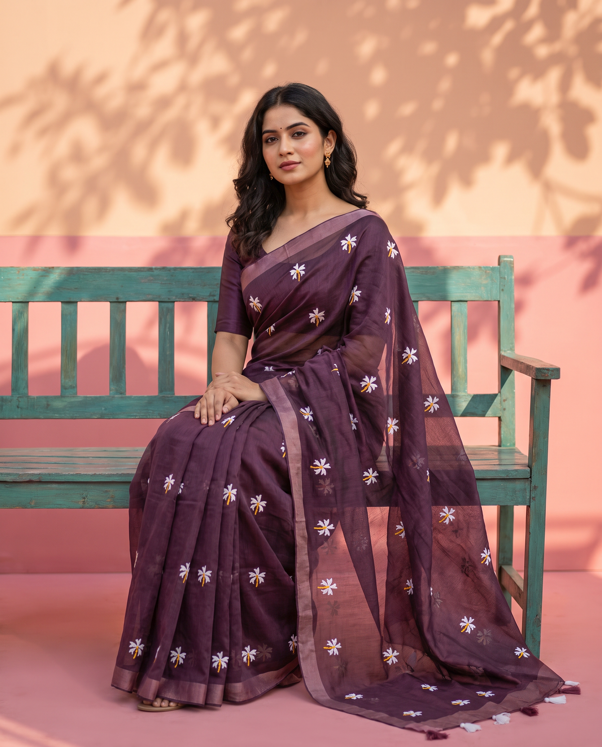 Women's Pure Linen Cotton Floral Embroidered Saree with Unstitched Blouse Piece.