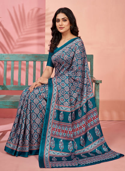 Women's Traditional Floral Block Printed Art Silk Saree with Unstitched Blouse Piece.