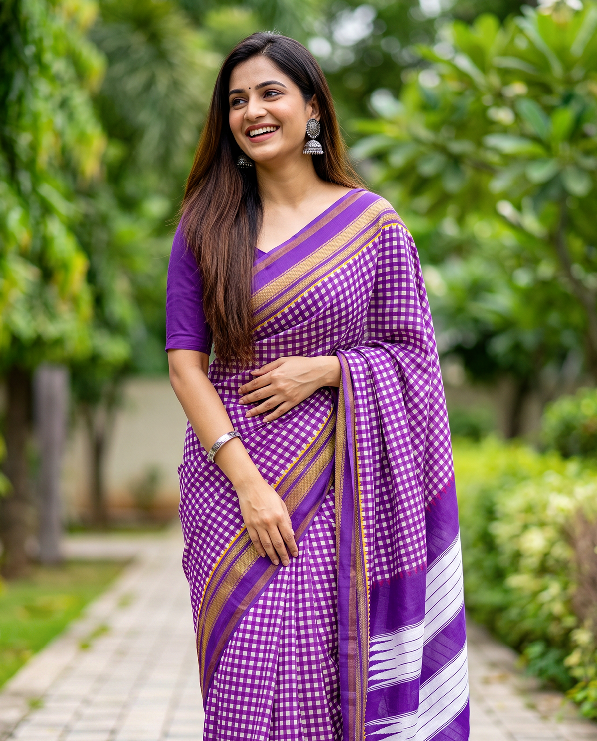 Women's Synthetic Silk Blend Checked Saree with Contrast Border & Unstitched Blouse Piece.