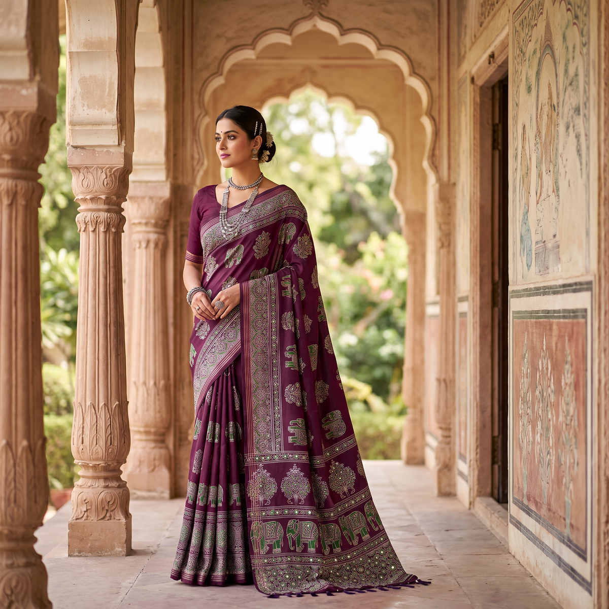 Shri Hari Sarees Women's Ethnic Ajrakh Mirror Printed Art Silk Saree with Unstitched Blouse Piece.