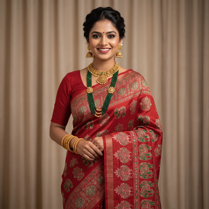 Shri Hari Sarees Women's Ethnic Ajrakh Mirror Printed Art Silk Saree with Unstitched Blouse Piece.
