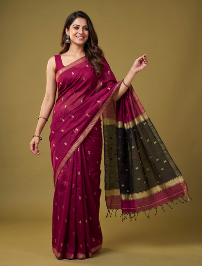 Women's Maheshwari Cotton Blend Woven Zari Saree with Unstitched Blouse Piece.
