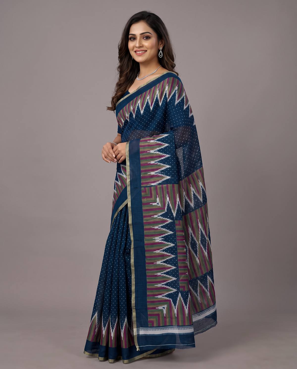 Women's Cotton Blend Ikat Print Saree with Unstitched Blouse Piece.