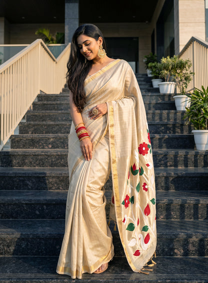Women's Traditional Floral Paithani Cotton Silk Saree with Unstitched Blouse Piece.