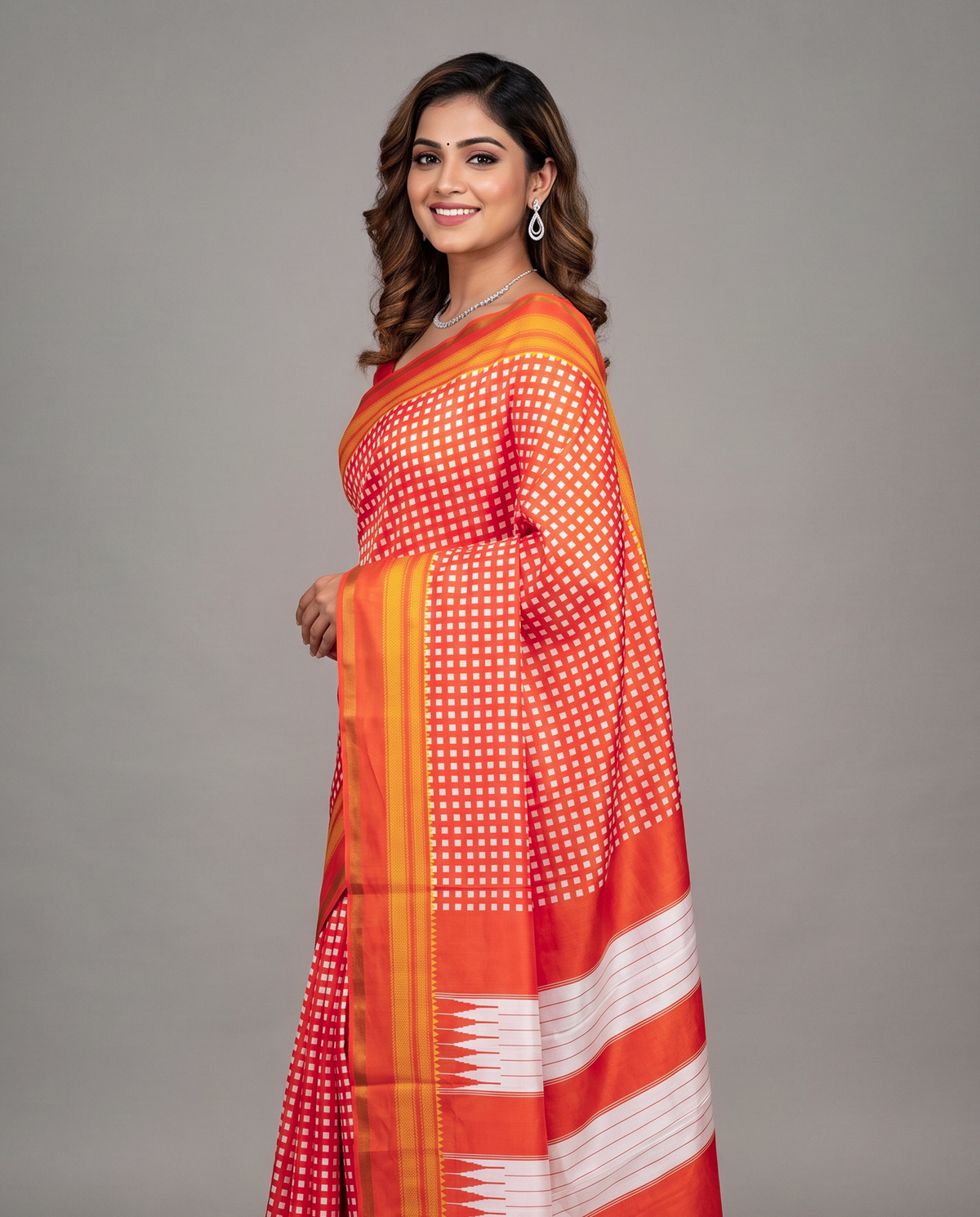 Women's Synthetic Silk Blend Checked Saree with Contrast Border & Unstitched Blouse Piece.