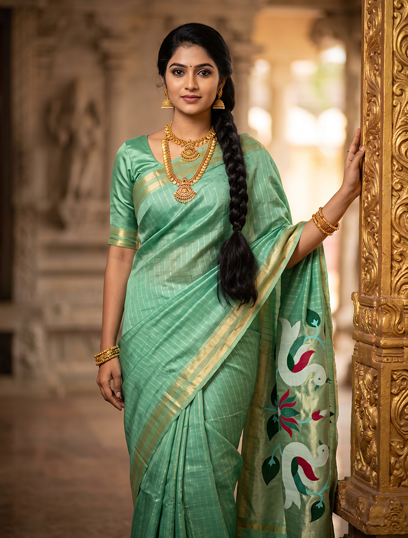 Women's Paithani Silk Saree with Unstitched Blouse Piece.