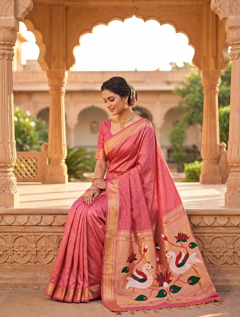 Women's Paithani Silk Saree with Unstitched Blouse Piece.