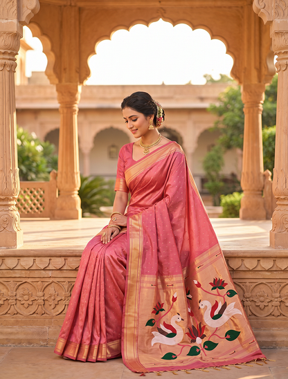 Women's Paithani Silk Saree with Unstitched Blouse Piece.