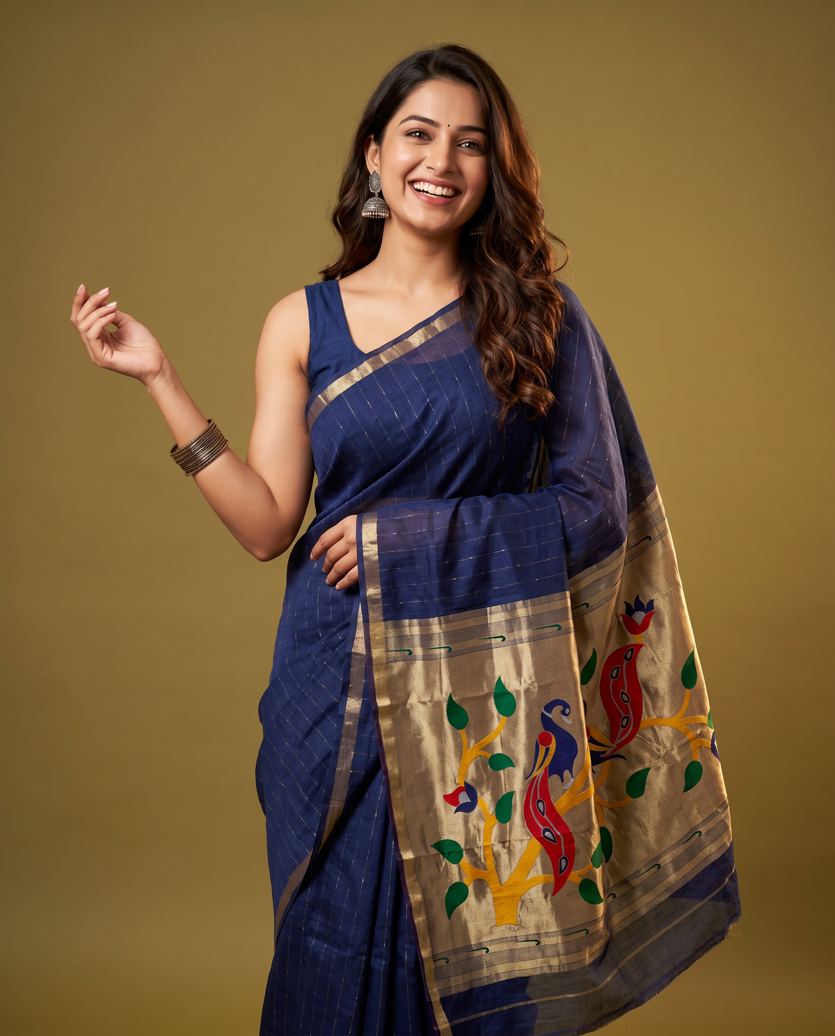 Women's Paithani Silk Blend Saree with Zari Woven Striped Lines and Peacock Floral Pallu including Unstitched Blouse Piece.