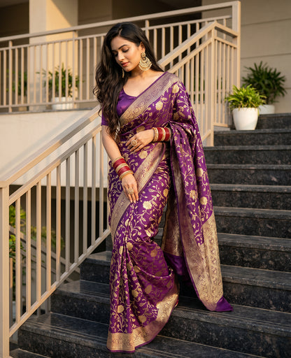 Women's Woven Banarasi Art Silk Saree with Unstitched Blouse Piece.