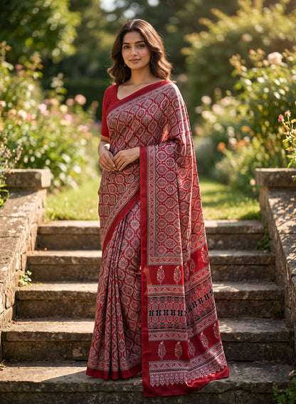 Women's Traditional Floral Block Printed Art Silk Saree with Unstitched Blouse Piece.