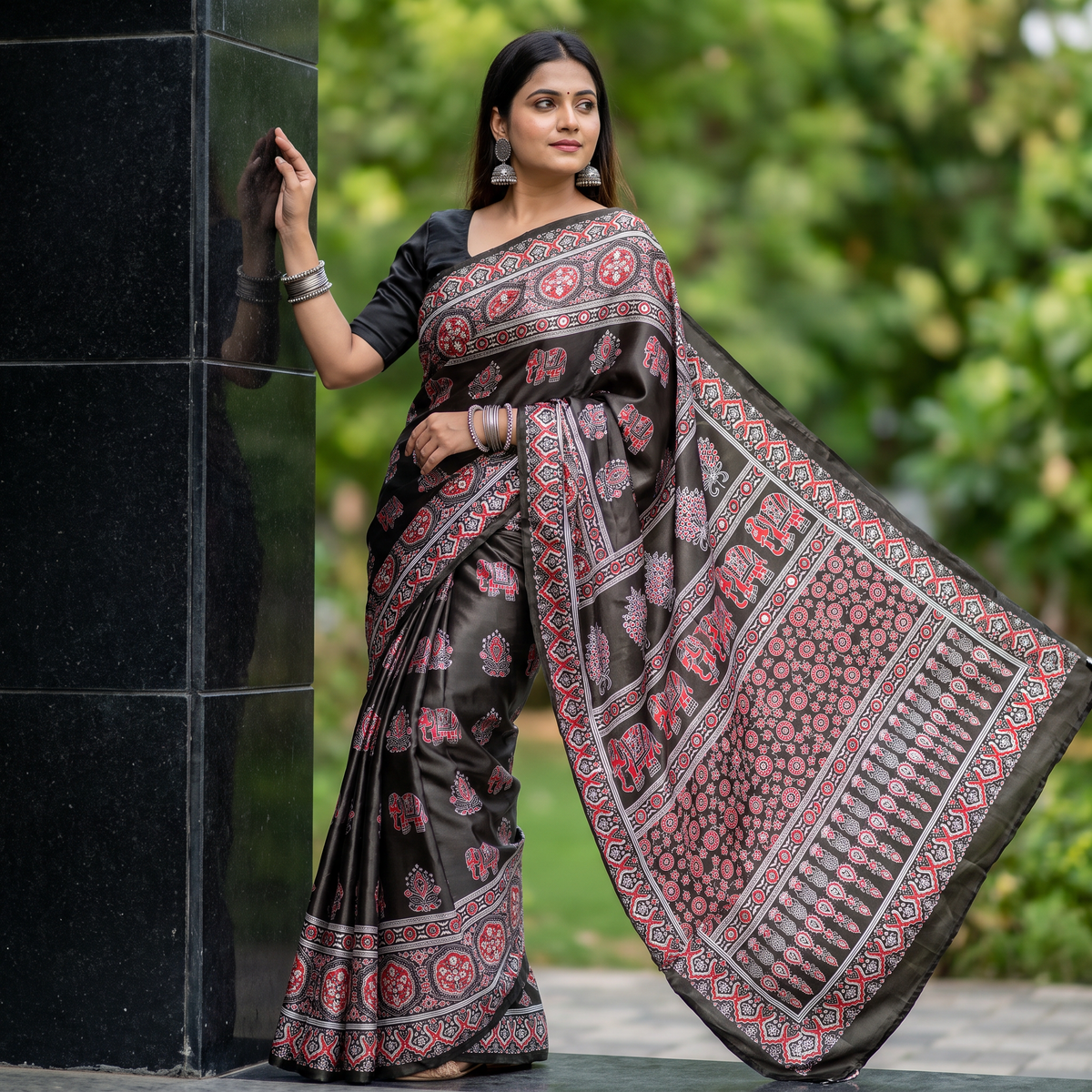 Shri Hari Sarees Women's Ethnic Ajrakh Mirror Printed Art Silk Saree with Unstitched Blouse Piece.