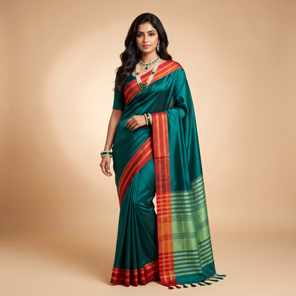 Women's Art Silk Traditional Saree with Zari Border and Unstitched Blouse Piece.