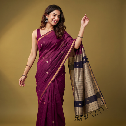 Women's Traditional Chanderi Cotton Linen Blend Saree with Zari Woven Border & Unstitched Blouse Piece.