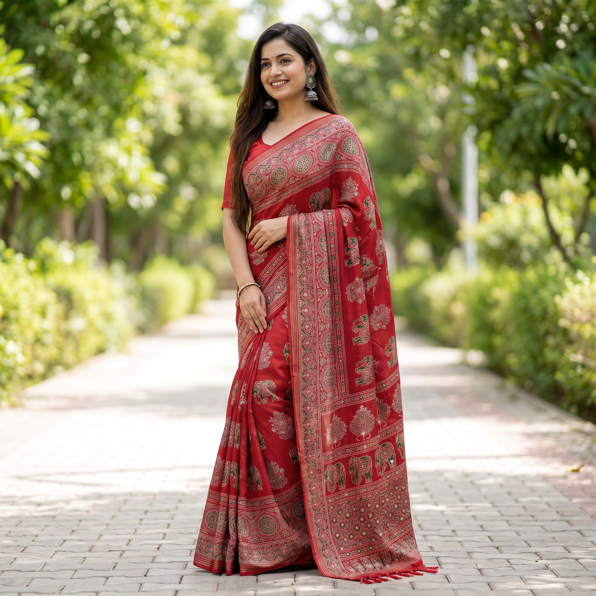 Shri Hari Sarees Women's Ethnic Ajrakh Mirror Printed Art Silk Saree with Unstitched Blouse Piece.