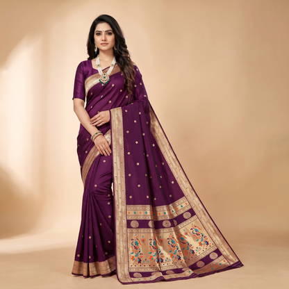 Banarasi Soft Silk Saree Festive Woven Jacquard Zari Border Sarees with Unstitched Blouse Piece.