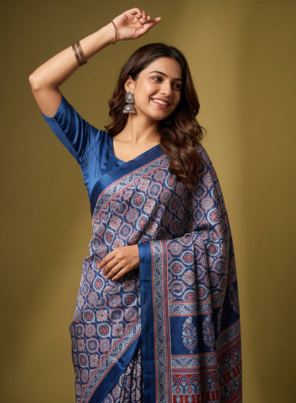 Women's Traditional Floral Block Printed Art Silk Saree with Unstitched Blouse Piece.
