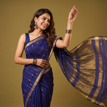 Women's Zari Maheshswari Cotton Blend Zari Woven Saree with Unstitched Blouse Piece.