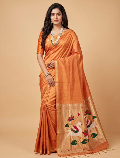Women's Paithani Silk Saree with Unstitched Blouse Piece.