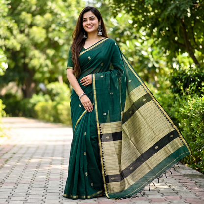 Women's Traditional Chanderi Cotton Linen Blend Saree with Zari Woven Border & Unstitched Blouse Piece.