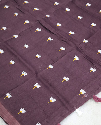 Women's Pure Linen Cotton Floral Embroidered Saree with Unstitched Blouse Piece.