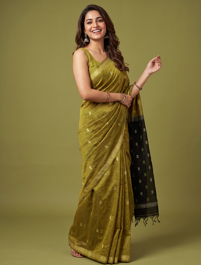 Women's Maheshwari Cotton Blend Woven Zari Saree with Unstitched Blouse Piece.