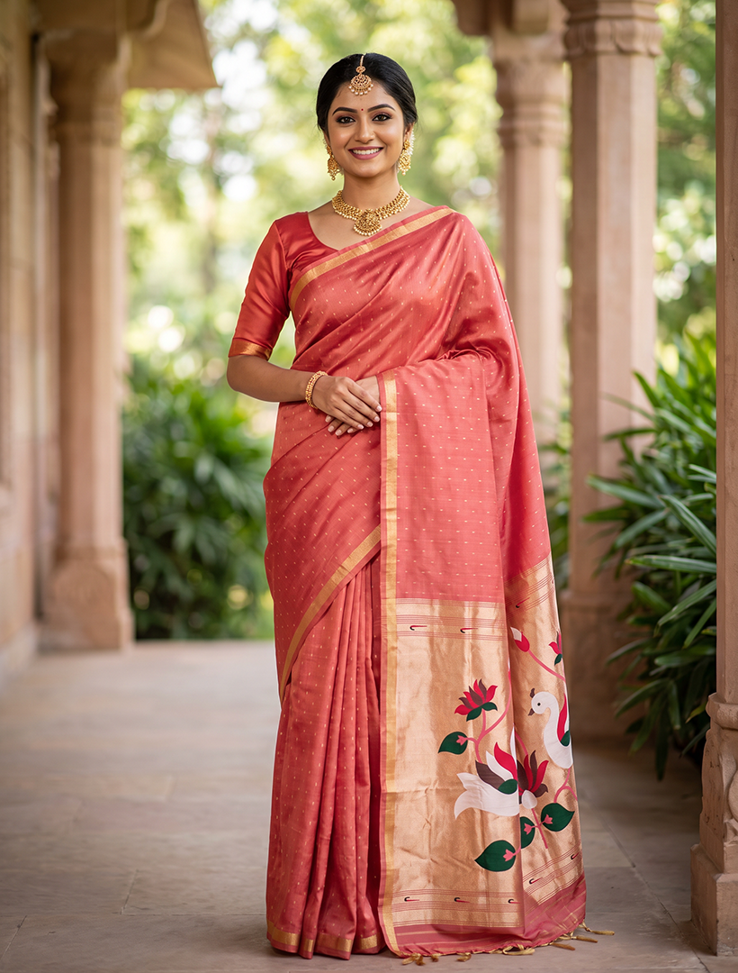 Women's Paithani Silk Saree with Unstitched Blouse Piece.