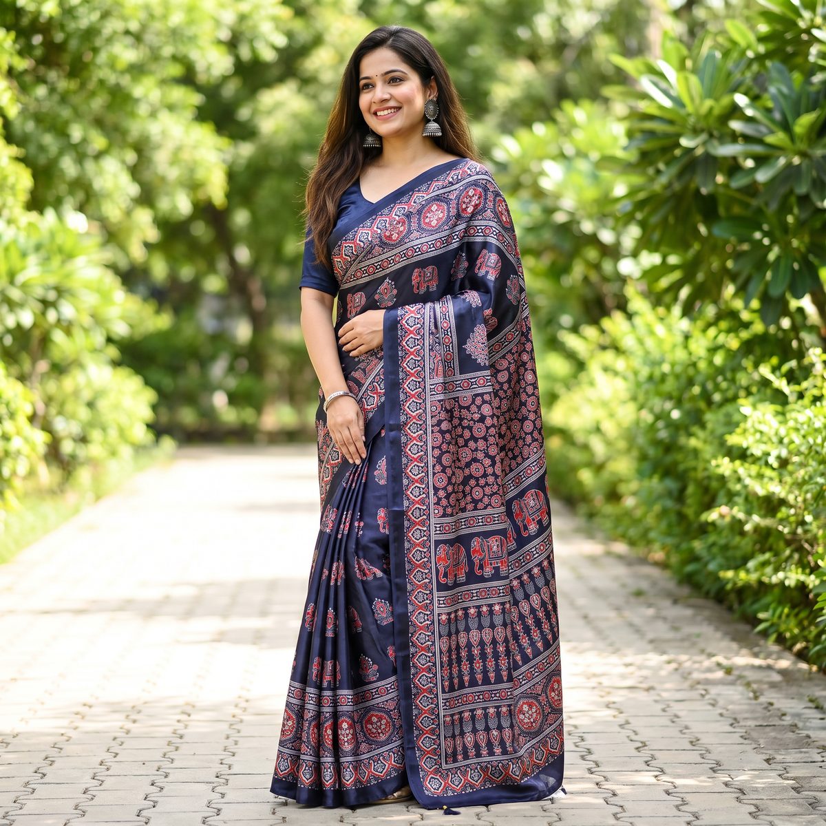 Shri Hari Sarees Women's Ethnic Ajrakh Mirror Printed Art Silk Saree with Unstitched Blouse Piece.