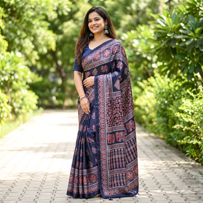 Shri Hari Sarees Women's Ethnic Ajrakh Mirror Printed Art Silk Saree with Unstitched Blouse Piece.