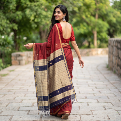 Women's Traditional Chanderi Cotton Linen Blend Saree with Zari Woven Border & Unstitched Blouse Piece.