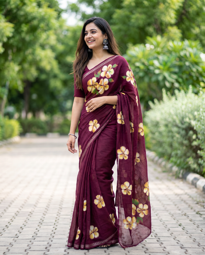 Women's Floral Hand Printed Dull Moss Saree with Unstitched Blouse Piece.