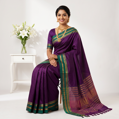 Women's Art Silk Traditional Saree with Zari Border and Unstitched Blouse Piece.