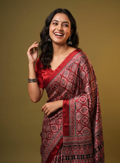Women's Traditional Floral Block Printed Art Silk Saree with Unstitched Blouse Piece.