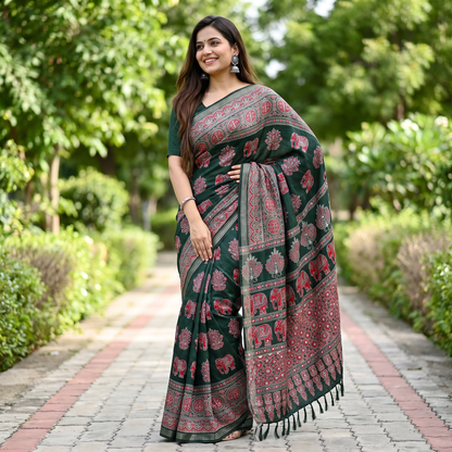 Shri Hari Sarees Women's Ethnic Ajrakh Mirror Printed Art Silk Saree with Unstitched Blouse Piece.