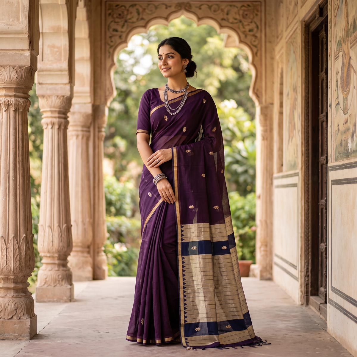 Women's Traditional Chanderi Cotton Linen Blend Saree with Zari Woven Border & Unstitched Blouse Piece.