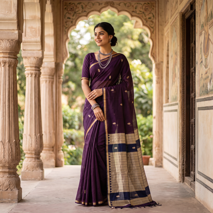 Women's Traditional Chanderi Cotton Linen Blend Saree with Zari Woven Border & Unstitched Blouse Piece.