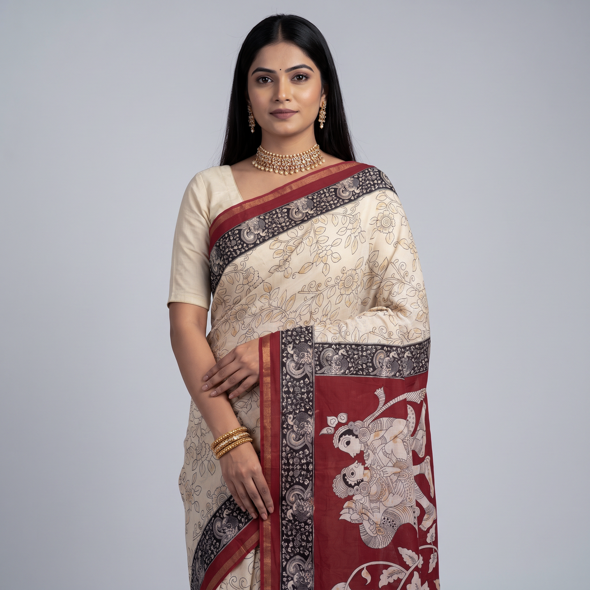 Women's Cream and Maroon Cotton Saree with Traditional Print.