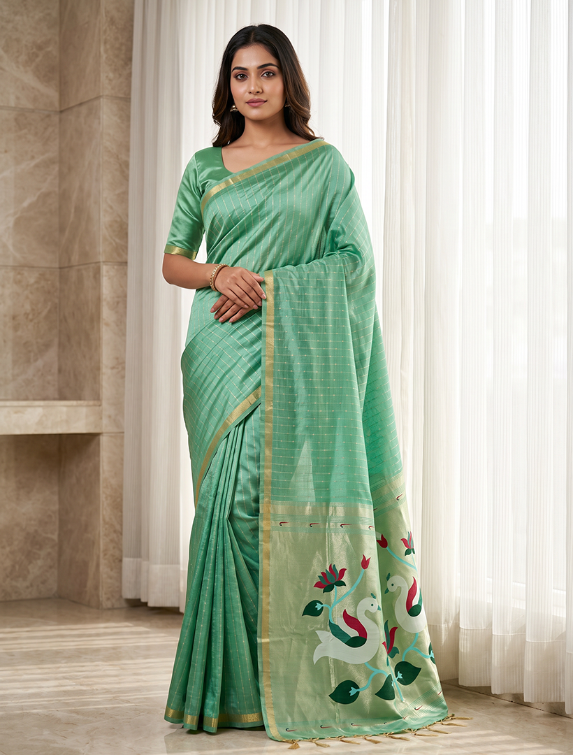 Women's Paithani Silk Saree with Unstitched Blouse Piece.