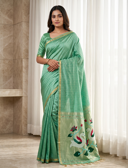 Women's Paithani Silk Saree with Unstitched Blouse Piece.