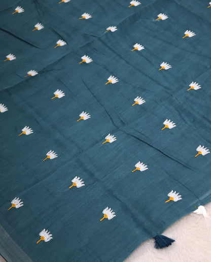 Women's Pure Linen Cotton Floral Embroidered Saree with Unstitched Blouse Piece.