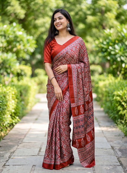 Women's Traditional Floral Block Printed Art Silk Saree with Unstitched Blouse Piece.
