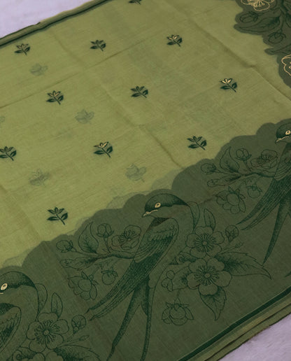Women's Pure Linen Cotton Floral Embroidered Saree with Unstitched Blouse Piece.