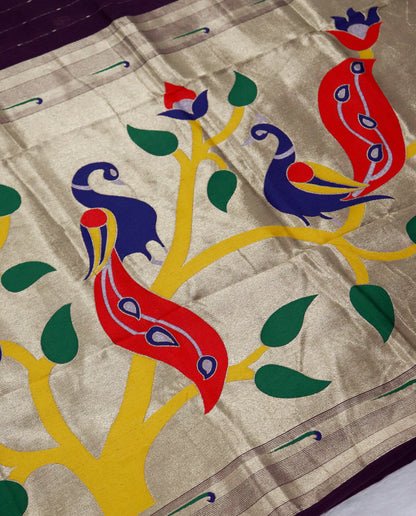 Women's Paithani Silk Blend Saree with Zari Woven Striped Lines and Peacock Floral Pallu including Unstitched Blouse Piece.