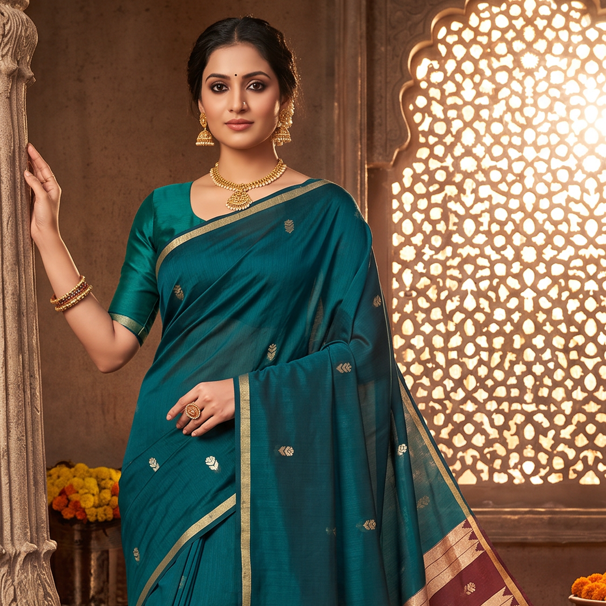 Women's Traditional Chanderi Cotton Linen Blend Saree with Zari Woven Border & Unstitched Blouse Piece.